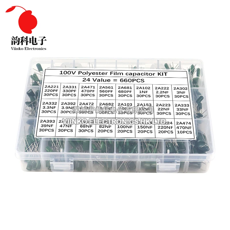 660pcs 24Values Polyester Film Capacitor Assortment Kit 100V 2A471J 2A102J 2A103J 2A223J 2A104J 2A154J 2A474J Capacitance Set