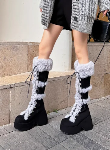 Mixed Colors Round Toe Thick Plush Platform Winter Women Snow Boots Wedges High Heels Lace Up Design Fashion And Warm Shoes