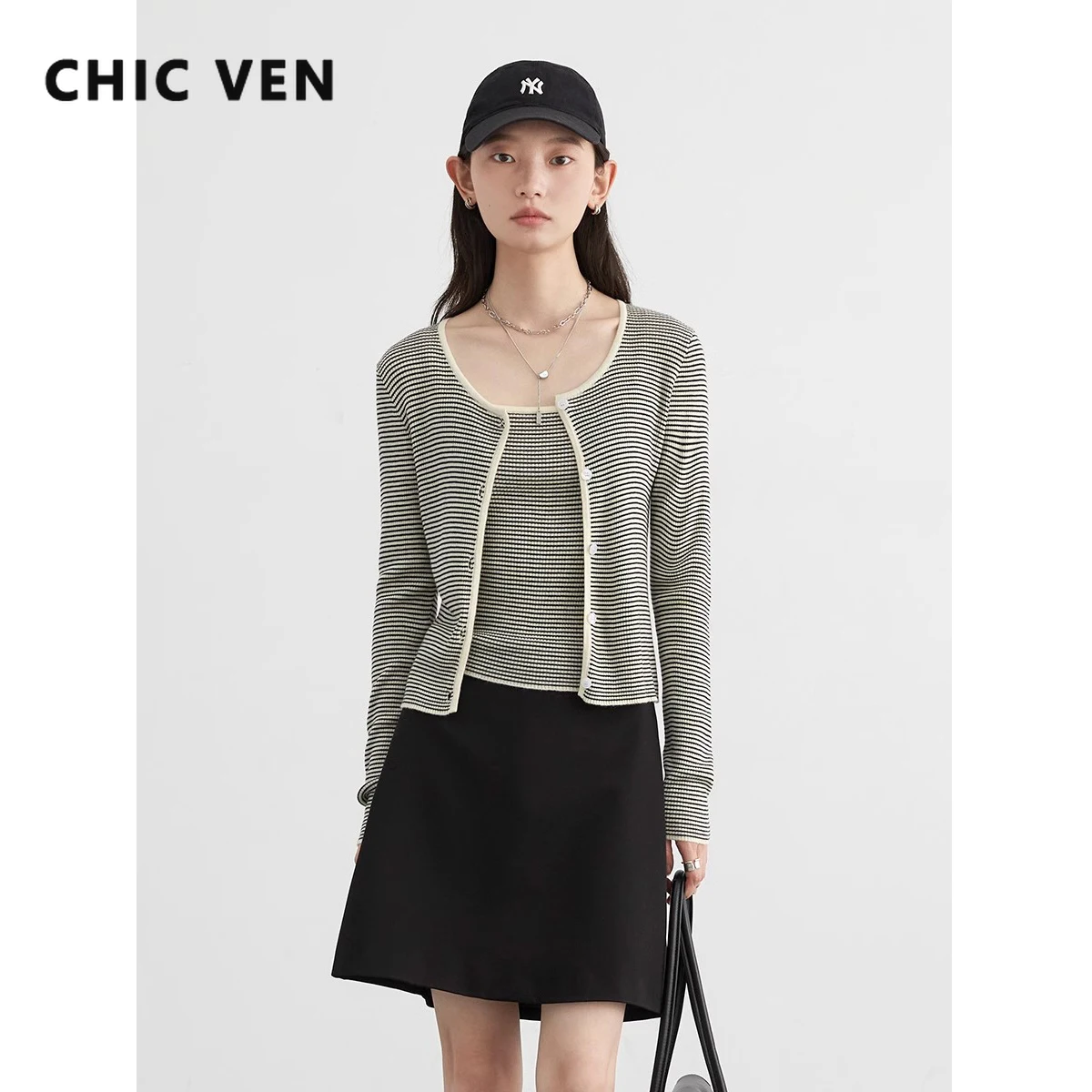 

CHIC VEN Women's Cardigan Color Blocking Striped Wool Knitted Sweaters Female Camisole Woman Jumpers Spring Autumn 2024