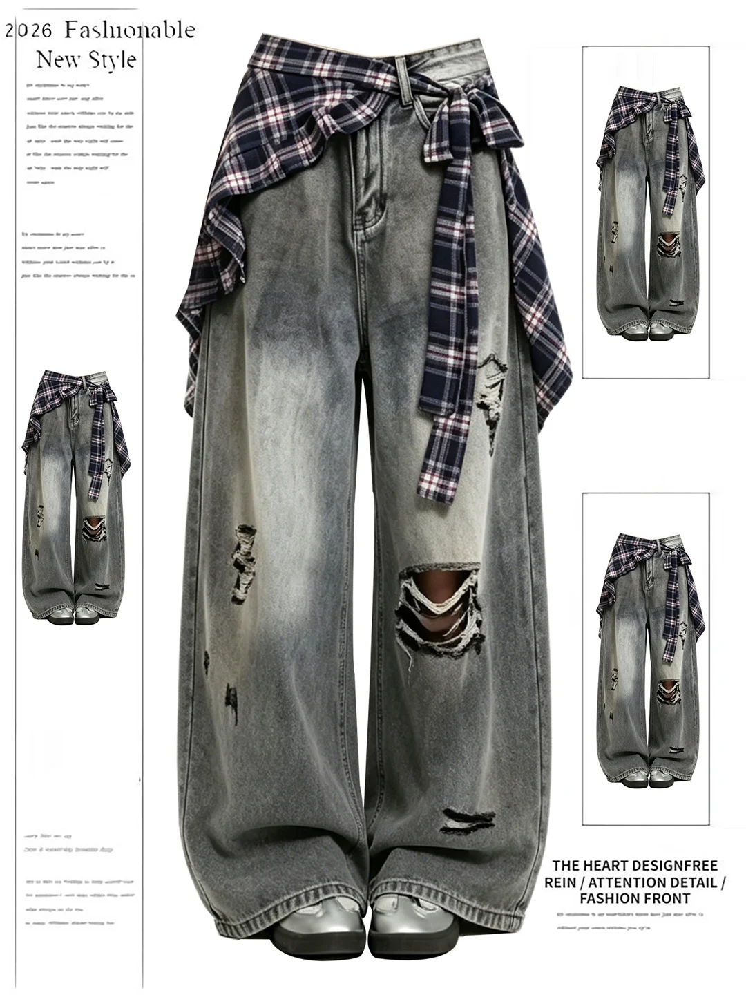 

Retro American Hole Denim Jeans Women Summer New Design Plaid Wide Leg Pants High Waist Zipper Soft Wear Resistant Casual