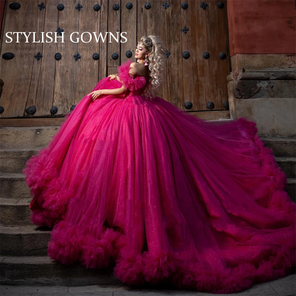 Fushia Off Shoulder Ballkleid Quince anera Kleider Perlen 2024 Geburtstag Luxus kleid abgestufte Rüschen Abschluss kleider 1516