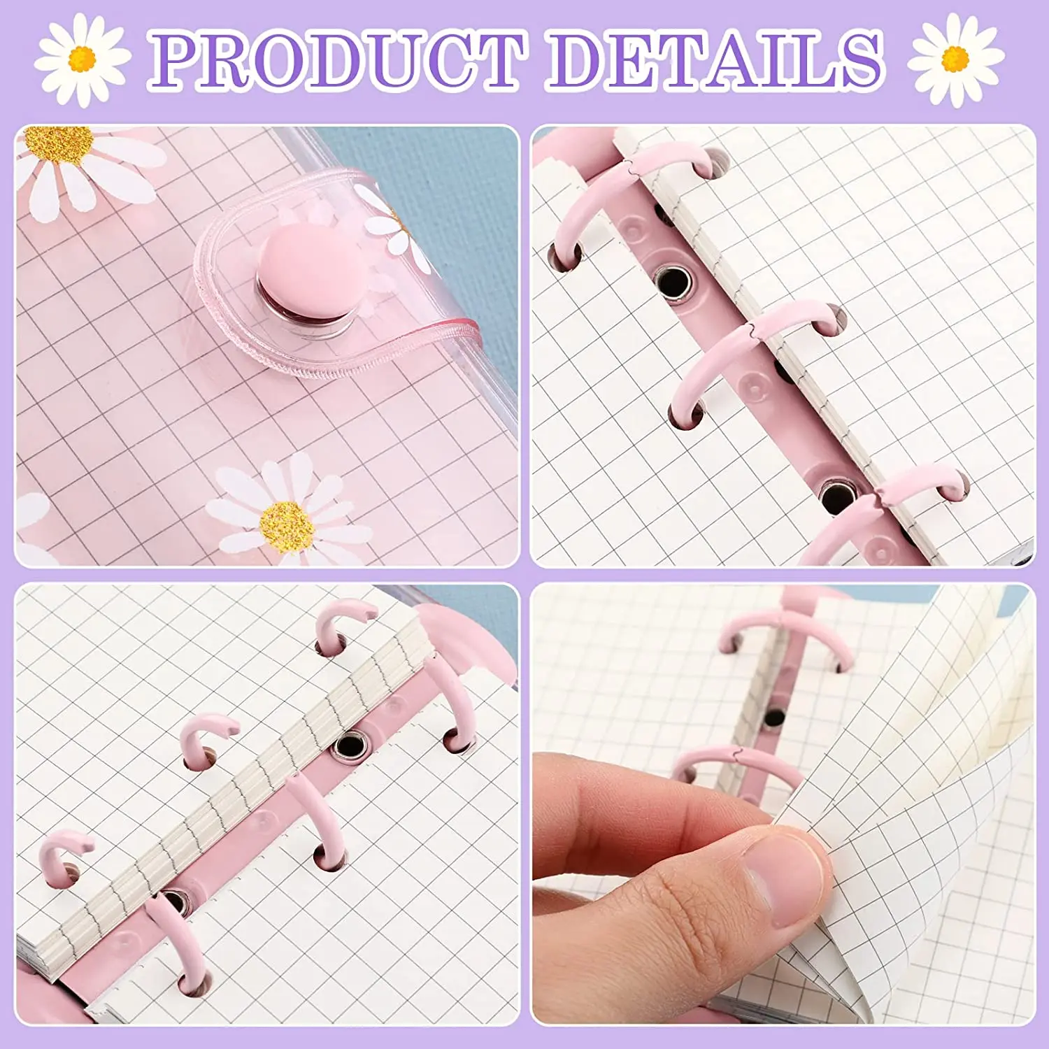 Mini Transparent PVC 3-Ring Binder Covers with 80 Inner Paper, 3pcs Binder Pockets,Mini Clear Daisy 3-Ring Loose-leaf Notebook