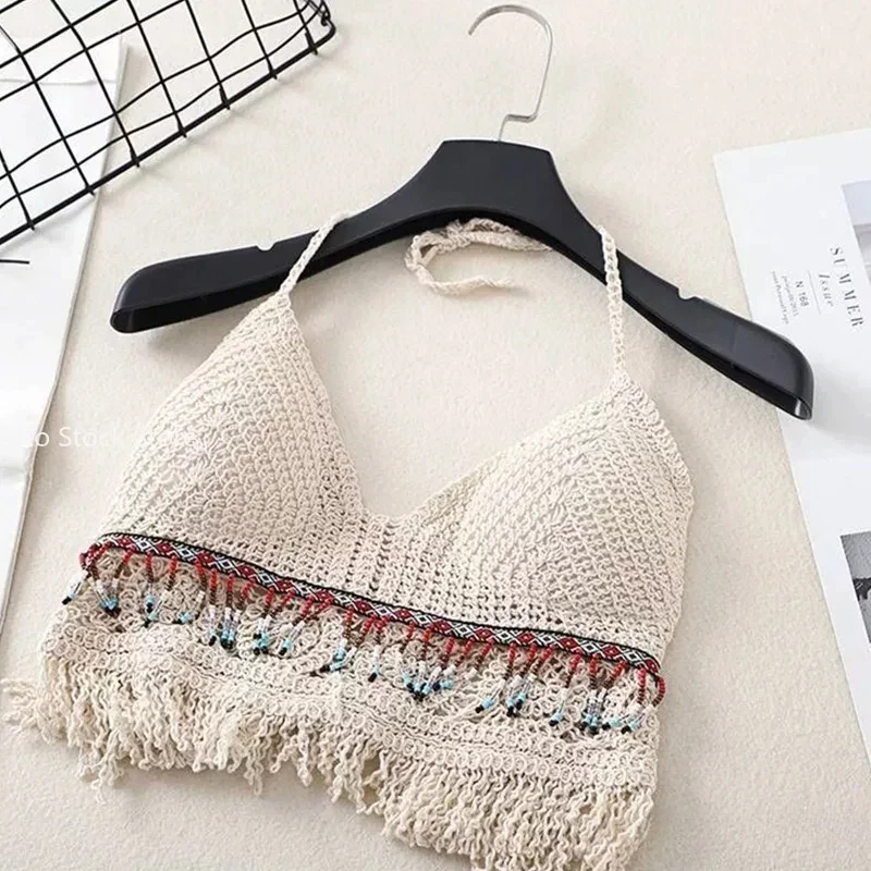 Sexy Hollow Out Underwear Women Summer Beach Short Tank Top Women Sweet Knitted Bra Tassel Women Short Top