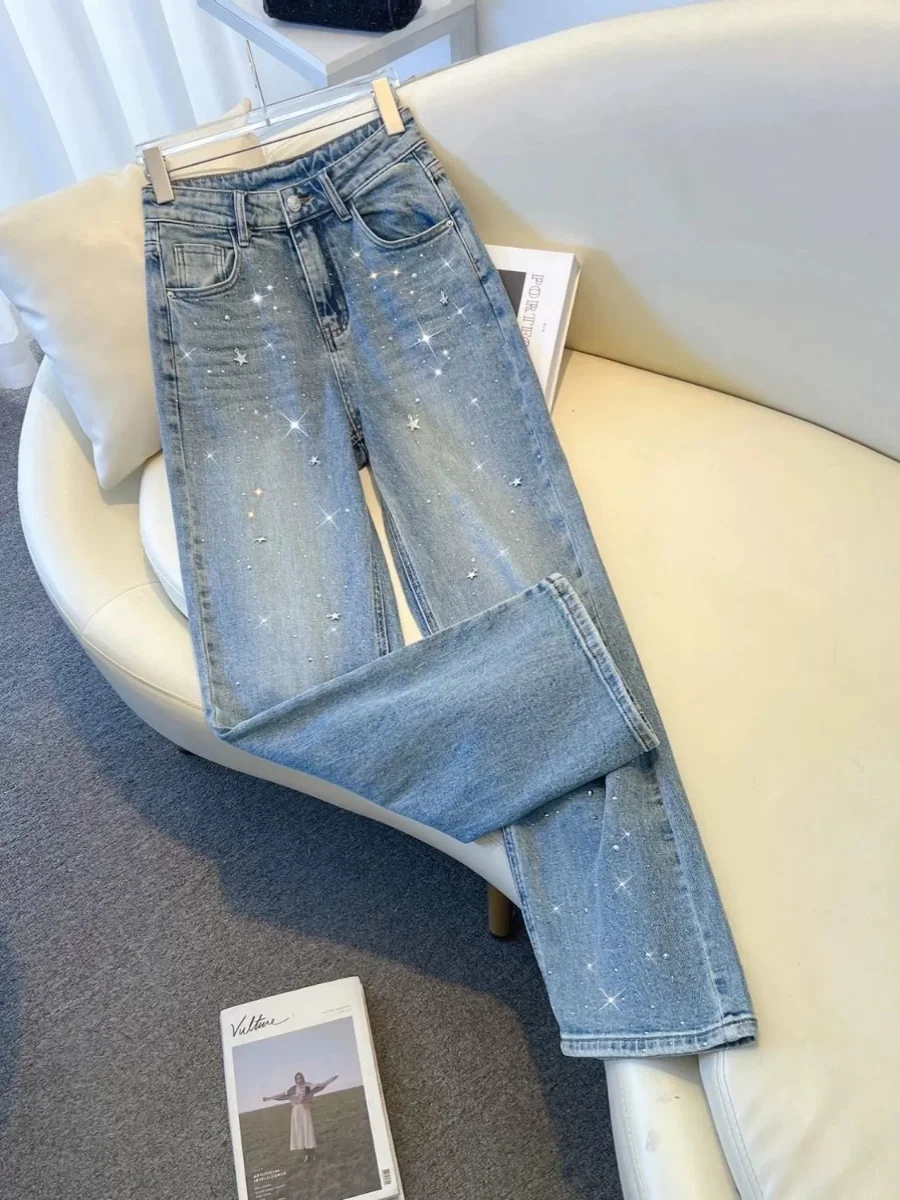 

Джинсы женские с высокой талией, прямые, летние, свободного кроя, стройнящие, универсальные, из денима, с подвеской-звездой, модные