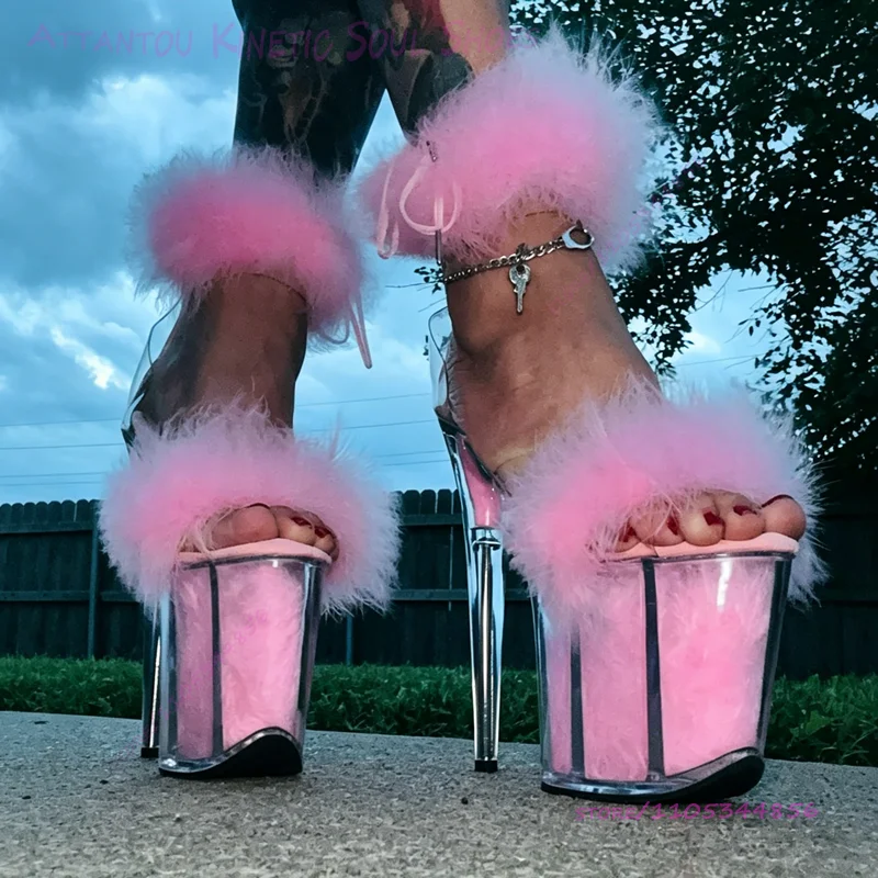 Pink Soft Plush Platform Sandals 20cm Heel 8 Inch Ankle Strap Buckle Black Platform Pump Women Pole Dancing Open Stiletto Shoes