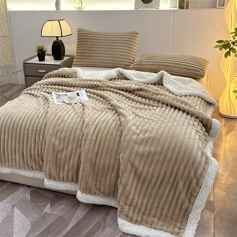 New Simple Wide Stripes Autumn Winter Blanket Thickened Warm Artificial Lambswool Sofa Blankets Soft Skin-friendly Cozy Blanket