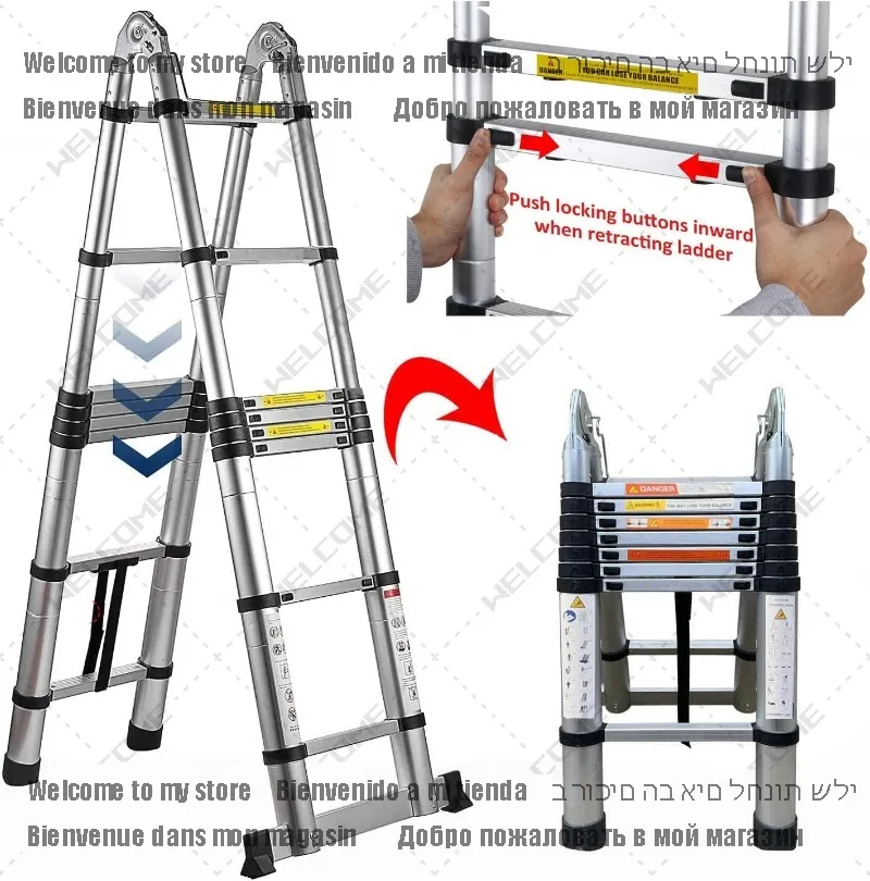 Escalera telescópica recta para el hogar, Marco A, resistente, de acero inoxidable, plegable, 2 en 1, extensión de 16,5 pies, 330lb/150kg, 5M