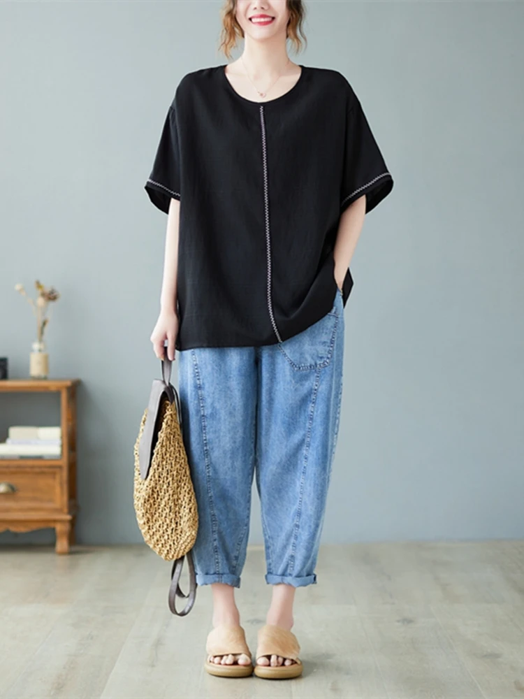 Oversized Loose Summer Women T Shirt Casual Korean Ladies Womens Tshirts Large Size 2023 chic Cotton Hemp Black T-shirt Tops