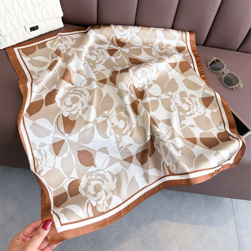 2025 novo luxo camélia impressão feminino lenço de seda quadrado bandana hijab envoltório flor designer lenço xale foulard
