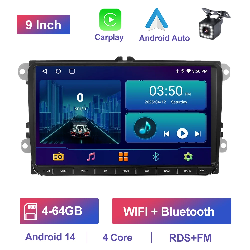 GEARELEC 9" Autoradio voor VW Golf Passat B6 B7 Skoda's Octavia Polo Tiguan 2 Din draadloos Android 13 CarPlay Android RDS Auto DSP BT 4G GPS Auto Multimediaspeler voor Volkswagen