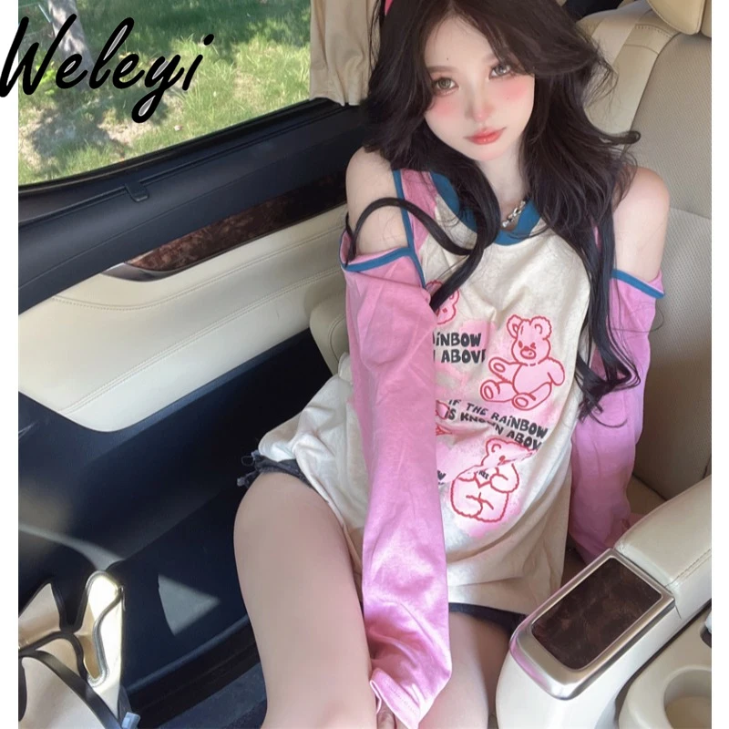 

Sweet Japanese T Shirt 24 New Summer Hot Girl Off Shoulder Casual Color Matching Long Sleeve Cartoon Printed Sun Protection Tops