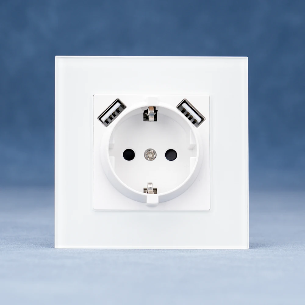

European standard tempered glass panel German socket USB port double Type-A 16A wall socket 110-250V