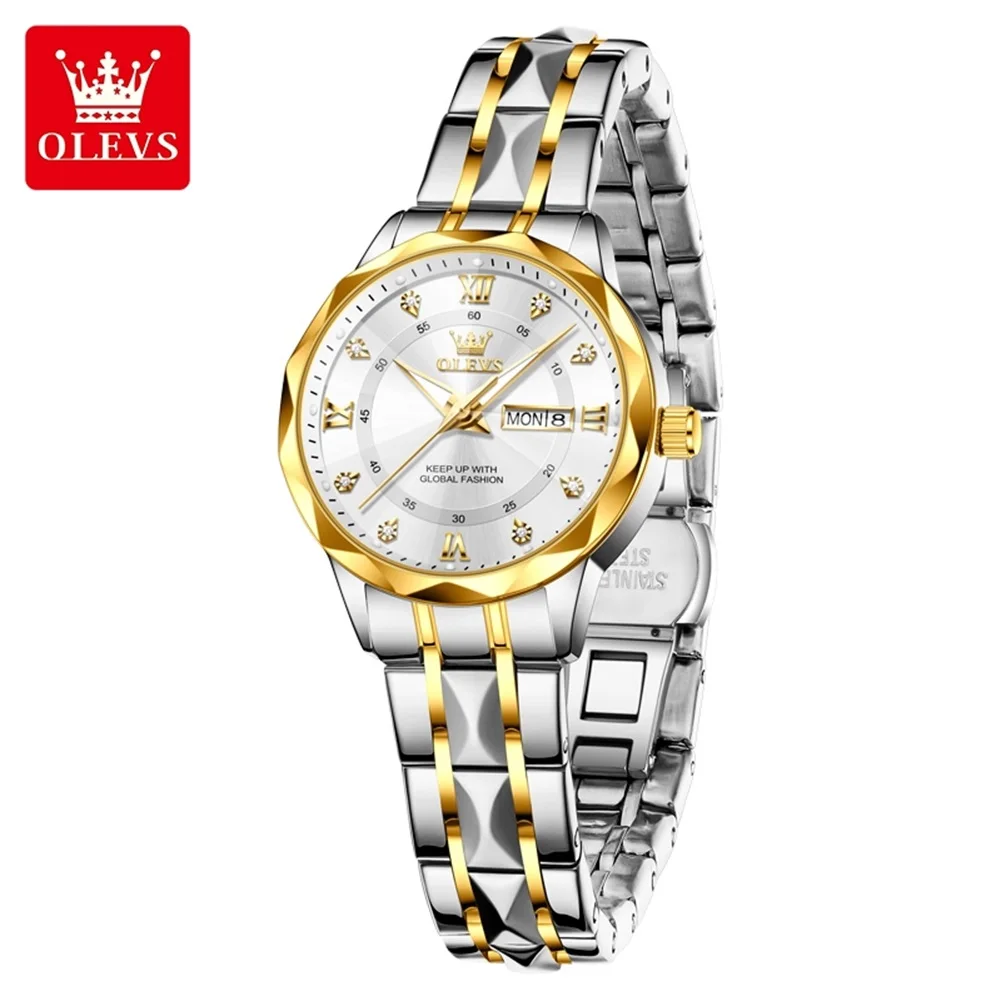 OLEVS Brand Original Fashion Rhombus Mirror Quartz Watches Women's Stainless Steel Date Week Waterproof Elegant Ladies Watches
