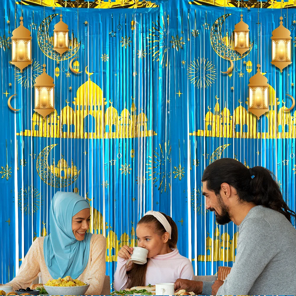 

1x2M Eid Mubarak Party Decor Rain Curtain Middle East Eid Moon Stars Gold Castle Door Curtain Ramadan Kareem Party Decoration