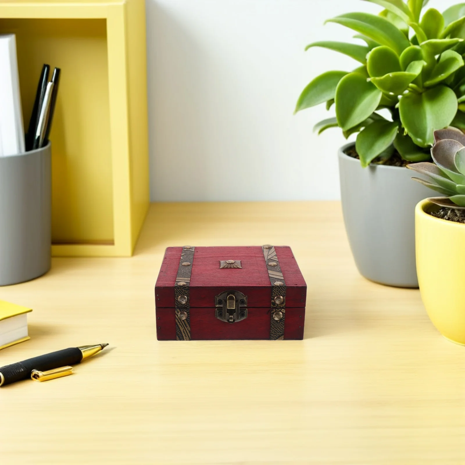 

Decorative Vintage Lock Jewelry Box with Security Latch Wooden Trunk for Ring Earrings Storage Rustic Keepsake Chest Home