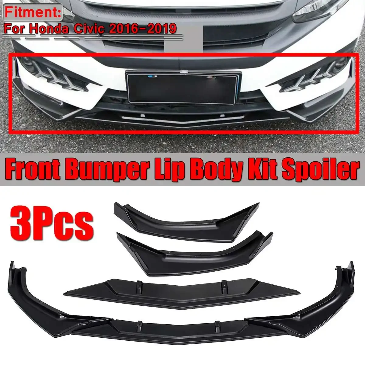 

3PCS Matte Black Car Front Bumper Lip Splitter Lip Spoiler Diffuser Spoiler Cover Trim For Honda For Civic 2016 2017 2018 2019