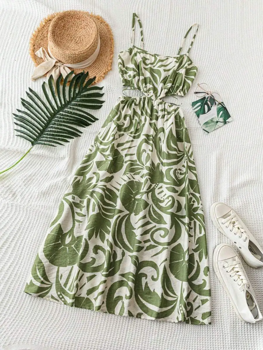 

Women's Green Tropical Leaf Print Cutout Waist Drawstring A-Line Midi Dress