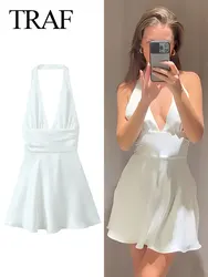 TRAF Summer Fashion Woman Beach Dress White V-Neck Sleeveless Backless Back Bowknot Lace Up Mini Sexy Female Halter Neck Dresses