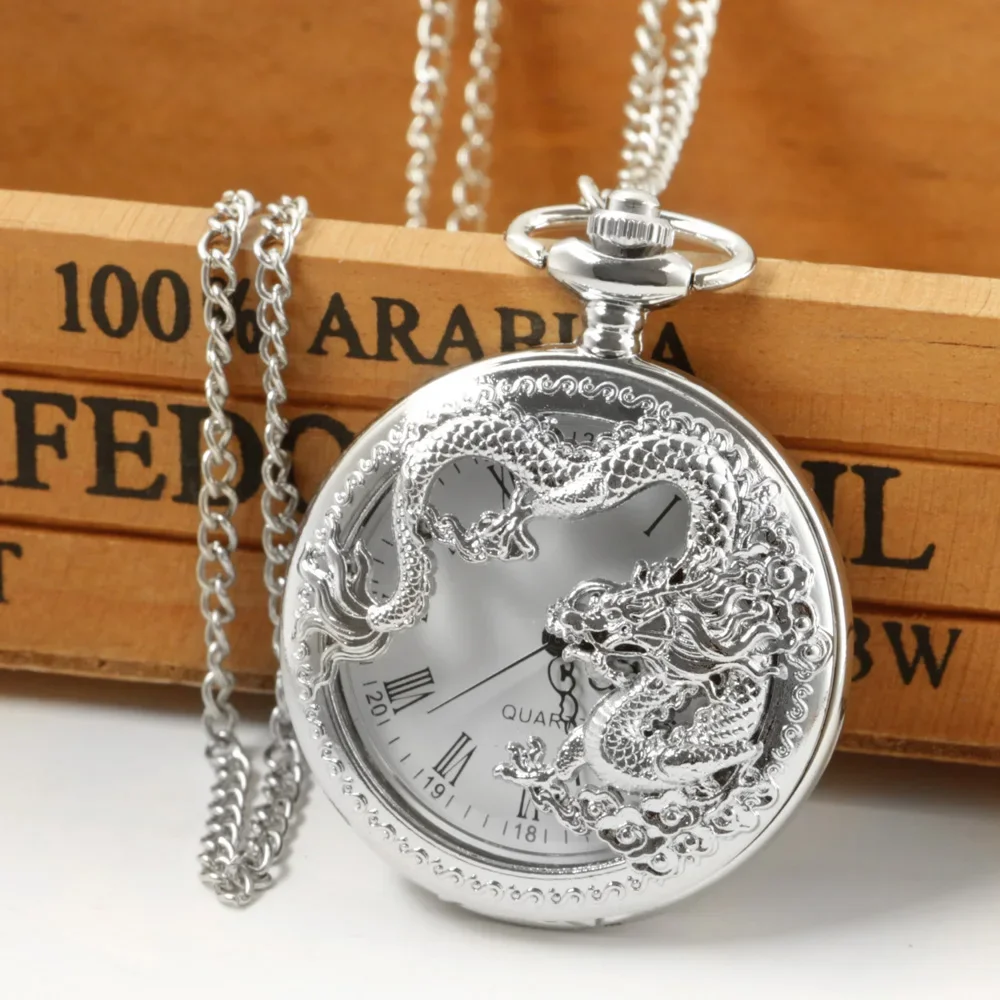 Half Hunter Hollow Silvery Dragon Design Pendant Men Women Pocket Watch Chain Cool Clock Children Gift