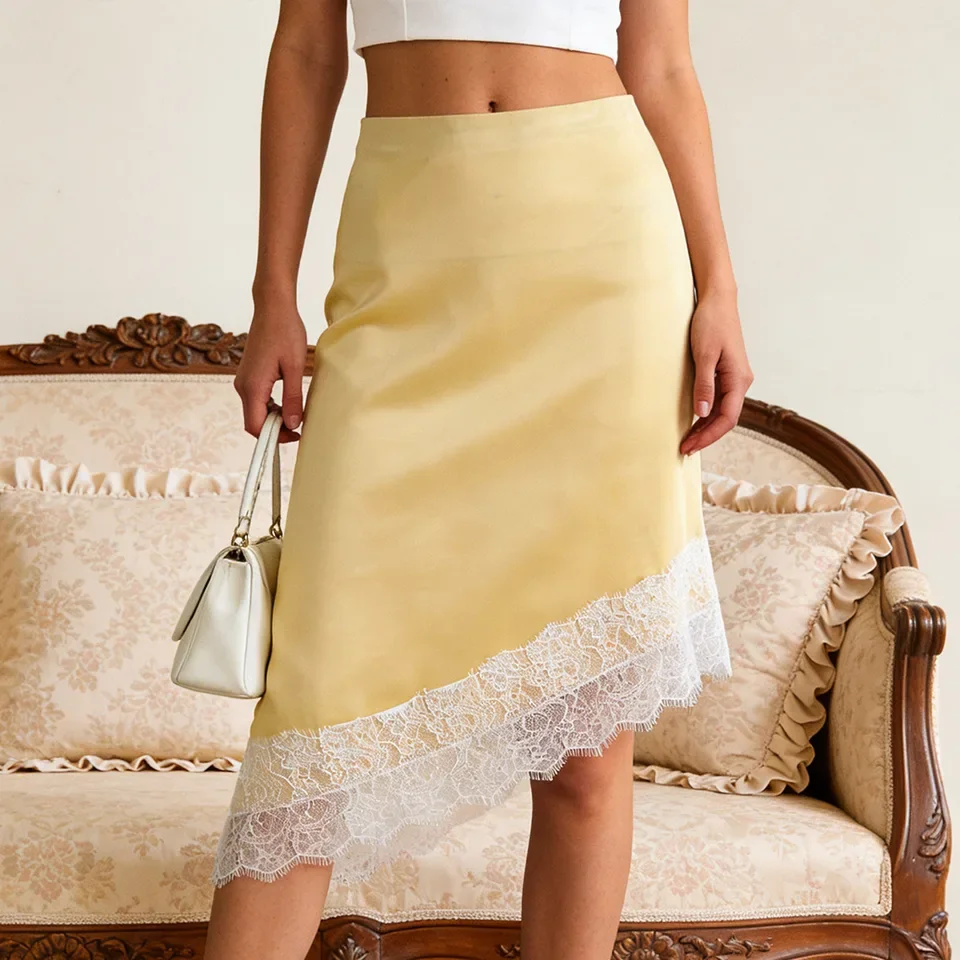 Women Fashion Irregular Hem Skirts High Waist Solid Color Patchwork Lace Hem Skirt A-Line Skirts Summer Vintage Mini Skirts