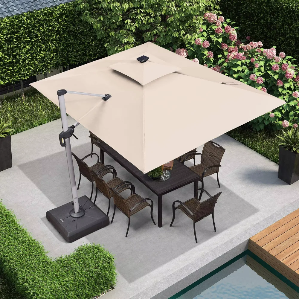 Hot Sale Modern Foldable 3*4 Waterproof Aluminum Patio Umbrella LED Light Polyester Material Plastic Base Outdoor Furniture Park