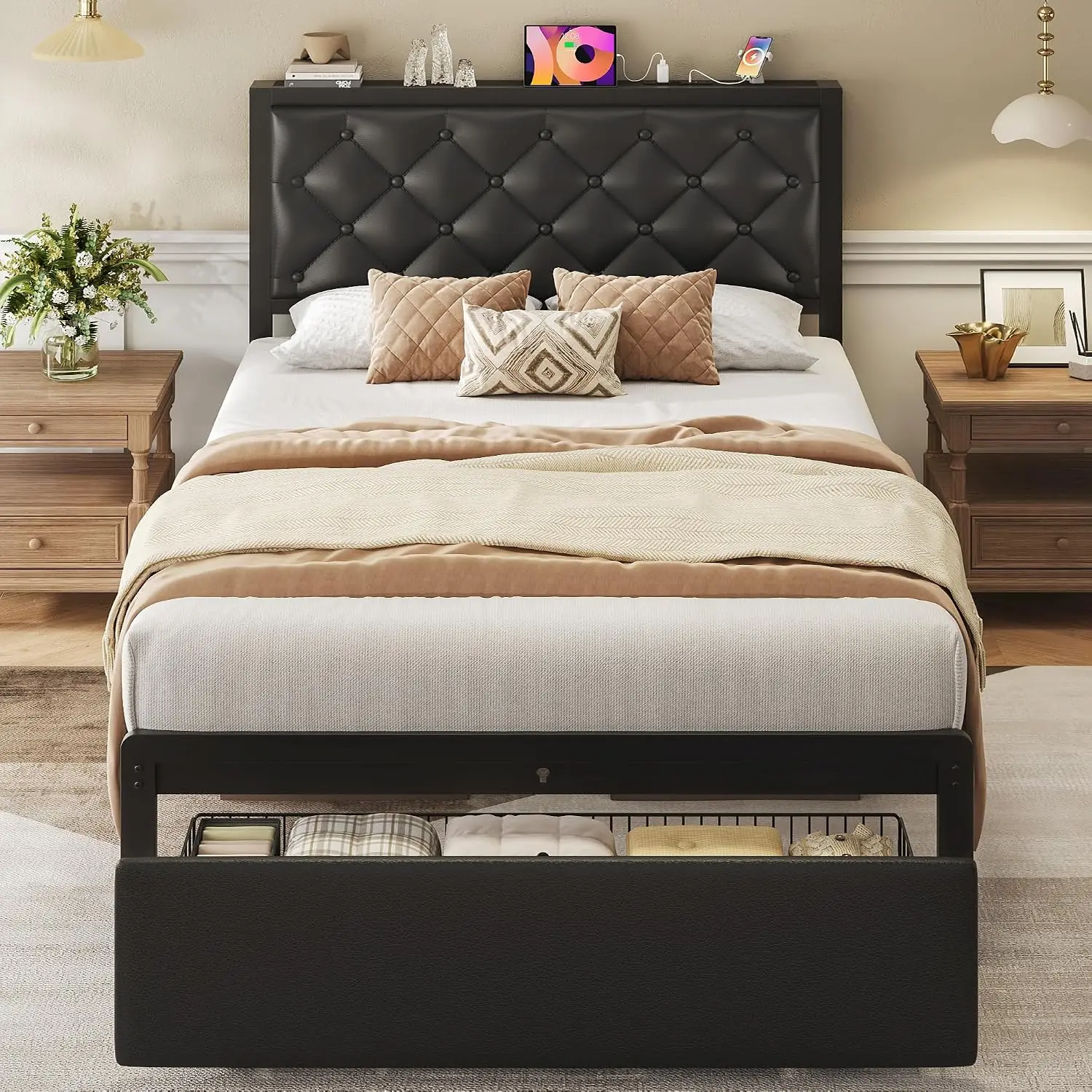 Twin Bed Frame with Storage Drawer, Upholstered Headboard Button Tufted Bed Frame with Charging Station, No Box Spring Needed