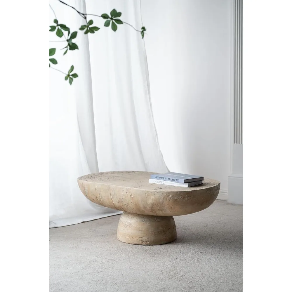 Mesa de Centro Ovalada de 36 Pulgadas, Moderna, con Aspecto de Piedra, Mesa de Té de Travertino para Sala de Estar, Magnesio, Personalizable