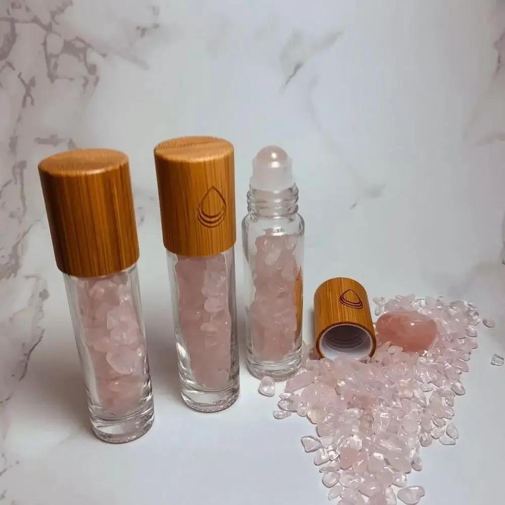 

delicate Glass Rose Quartz Crystal Stone doterra Essential Oils Massage Roller bottles Roll On Perfume bottle bamboocapJadeball