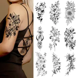 15pcs Suhua Tattoo Sticker Realistic Waterproof Sketch Flower Tattoo Sticker Paper Rose Flower Snake Flower Black and White