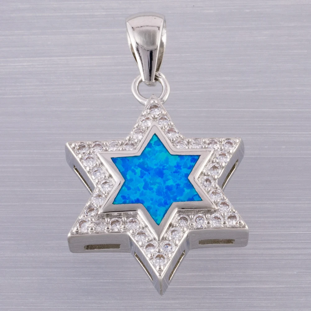 KONGMOON Star of David Ocean Blue Fire Opal CZ Surround Jewelry for Women Pendant for Necklace