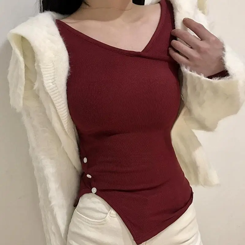 T-shirt lunga Sve V-Ne slim fit Strato base da donna irt Coreano Sle Autunno Faion Miscela di cotone confortevole e traspirante