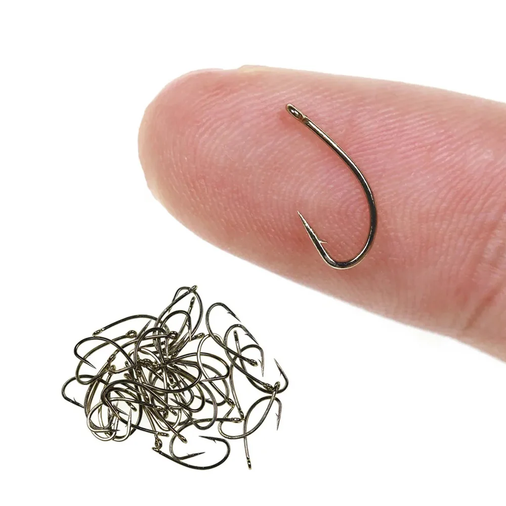 100/200PCS # 12 ~ # 22 Anzóis de Pesca com Mosca Seca, Anzol Curvo Padrão de Arame Bronzeado para Ninfas, Material para Atado de Pequenas Iscas de Mosca