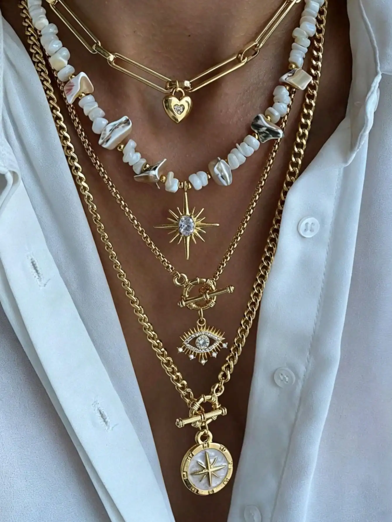 4pcs Exquisite Heart Evil Eye Octagram Compass Ocean Style Metal Material Multi-Color Women's Necklaces Suitable For Party, Ball, Gathering