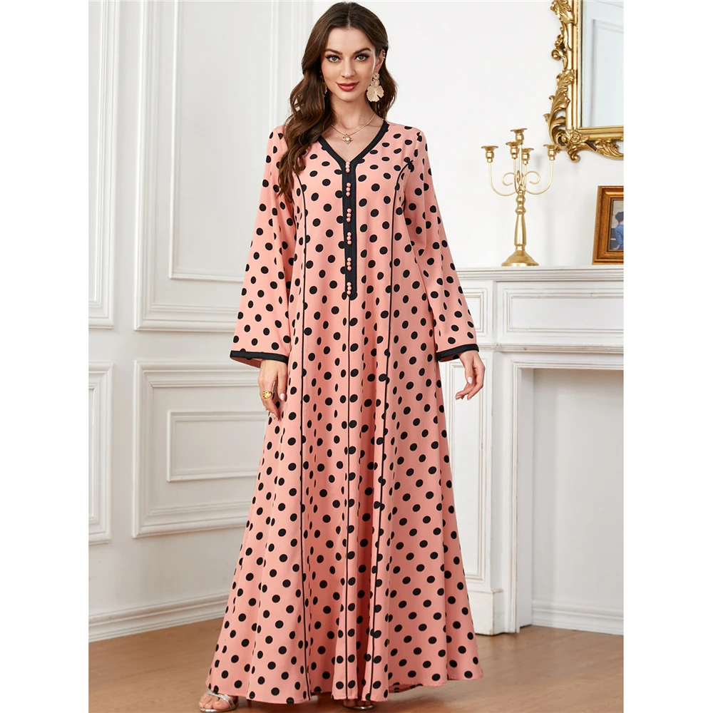 

Eid Party Polka Dot Print Abayas for 2024 Muslim Women Dresses Dubai Kaftan Islamic Turkey Arabic Robe Evening Jalabiya Vestidos