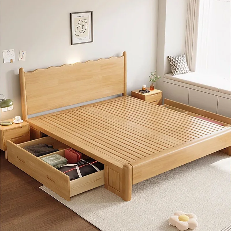 Rubber wood 1.8 meters solid wood double bed bedside with night light Nordic home master bedroom queen bed air pressure high box