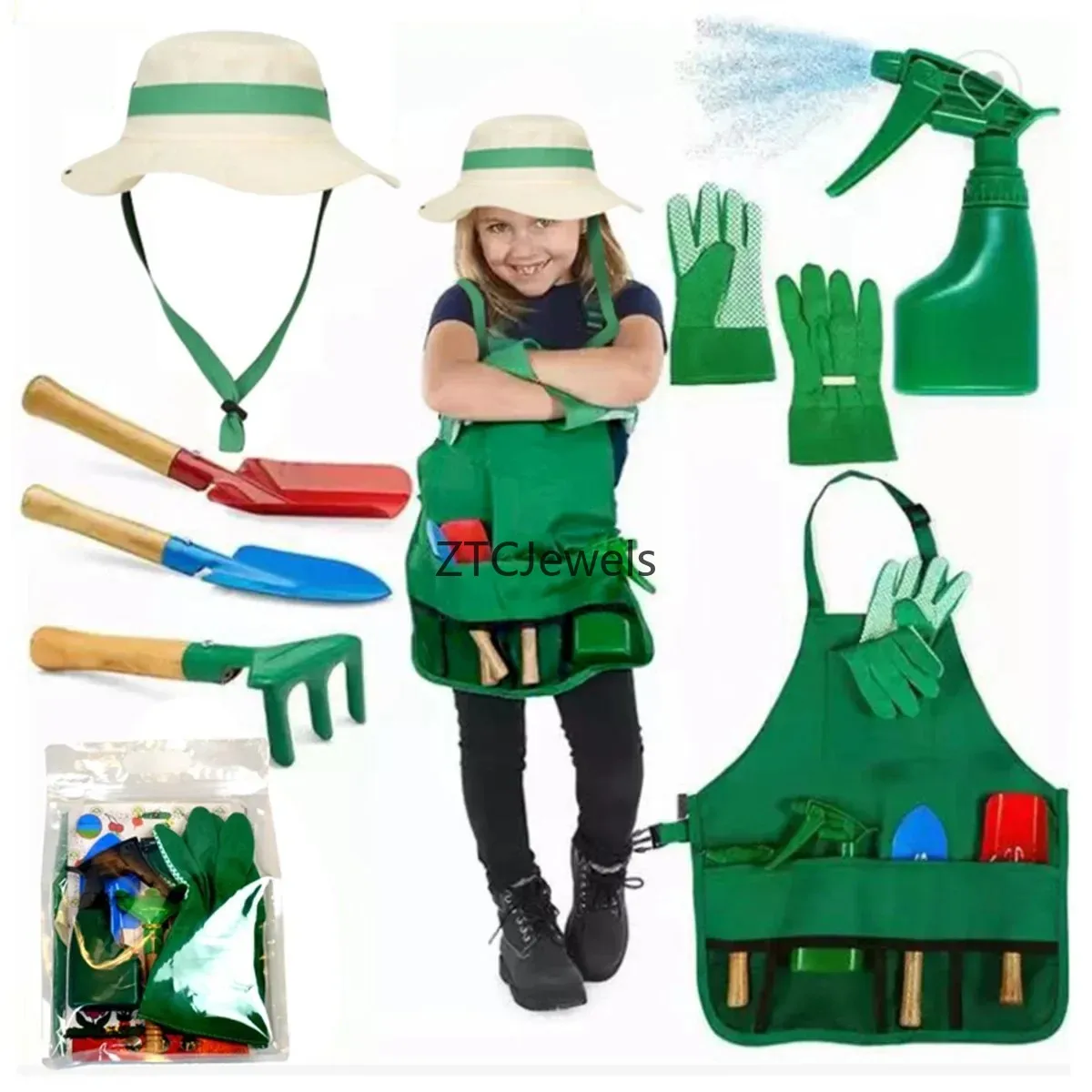 Kids Garden Apron Tool Set with Gloves Cosplay Costume for Girls Flower Planting Play Science Toys Party Dress Up view 2
