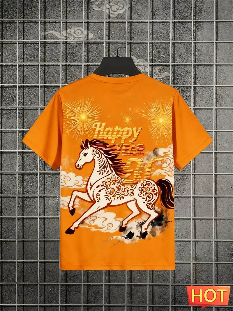سنة جديدة سعيدة 2026 رسائل الحصان نمط تي شيرت الموضة العصرية الرجال النساء قصيرة الأكمام ثلاثية الأبعاد تي شيرت مطبوع عادية المتضخم تيز