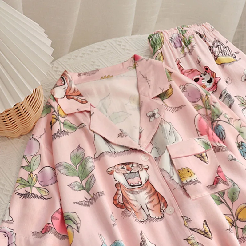 Spring Summer Pink Cute Cartoon Tiger Long Sleeve Pants Pajamas Ladies High Quality Loungewear Dropshipping Pajamas for Women