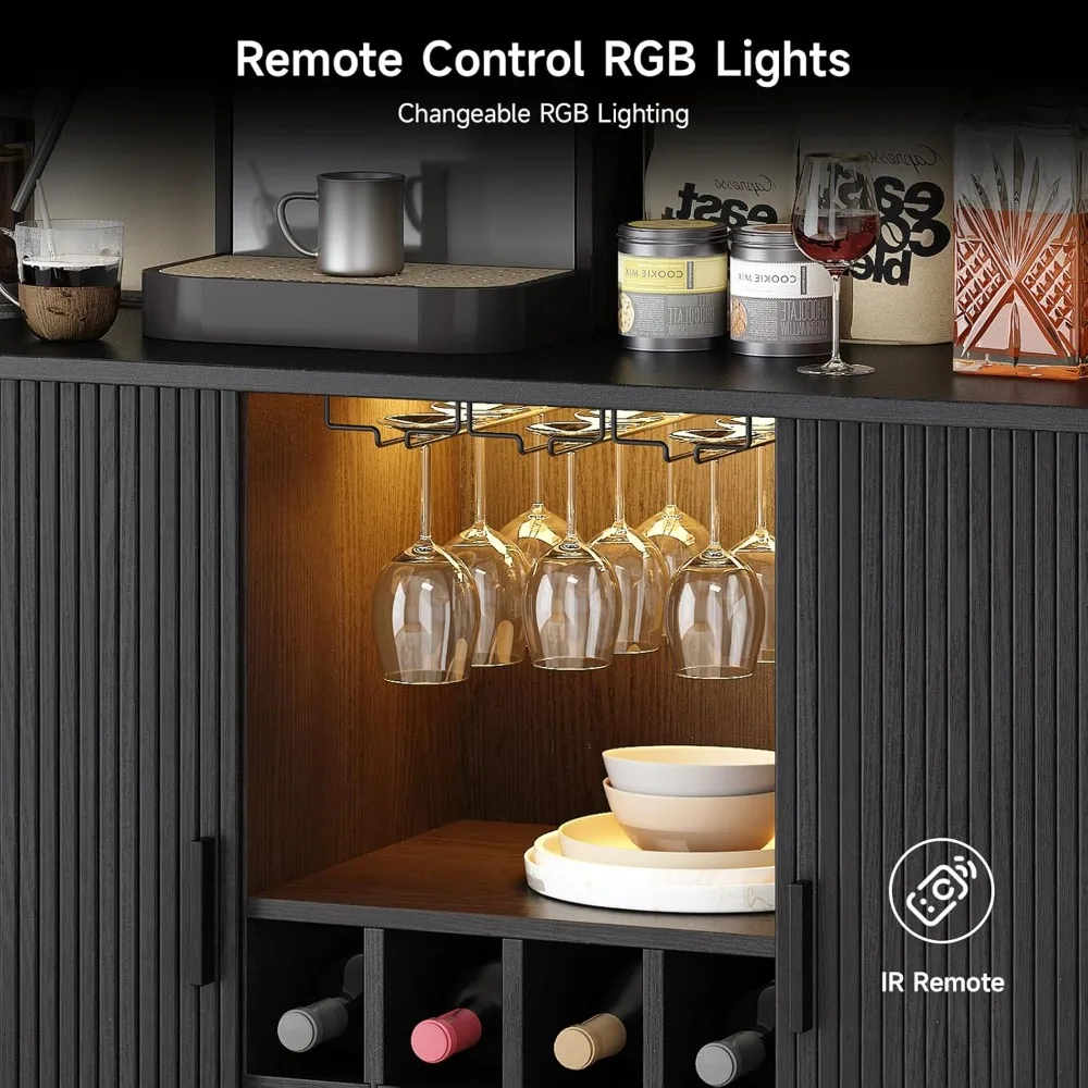 خزانة بار النبيذ الحديثة مقاس 55 بوصة مع إضاءة LED، ومحطة قهوة ويسكي الخمور تتميز رف النبيذ وحامل الزجاج، Farmhouse Sty