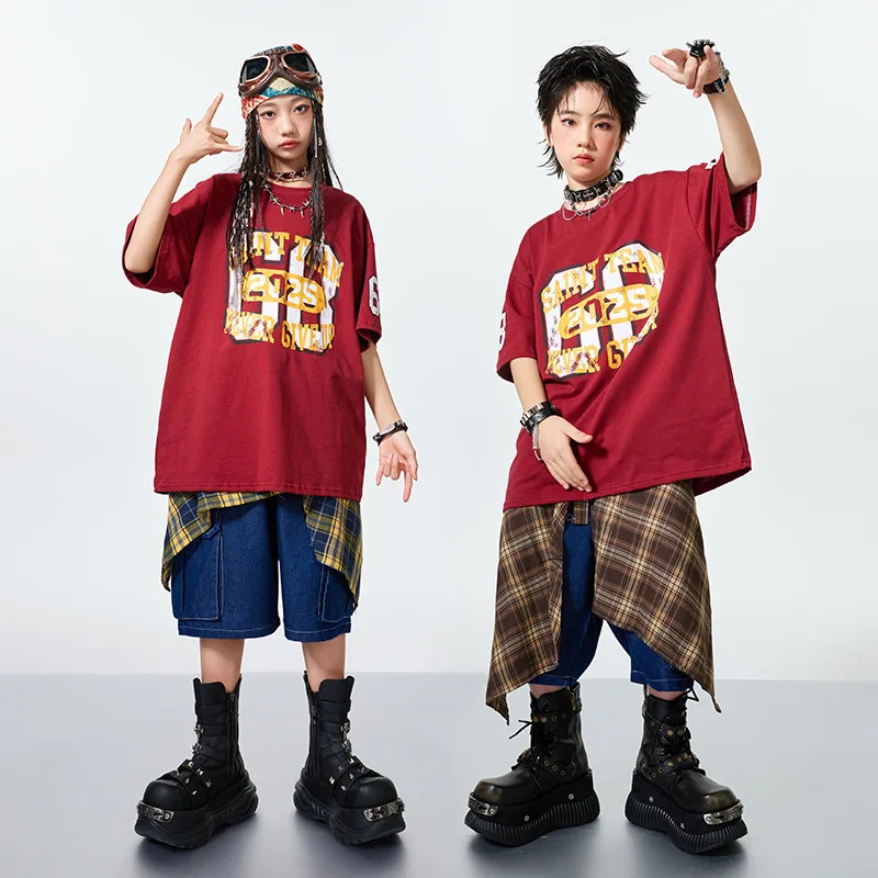 

New Girls Short Sleeves Hip Hop Suit Summer Jazz Dance Costume Boys Loose T Shirt Denim Shorts Performance Clothes Practice Wear