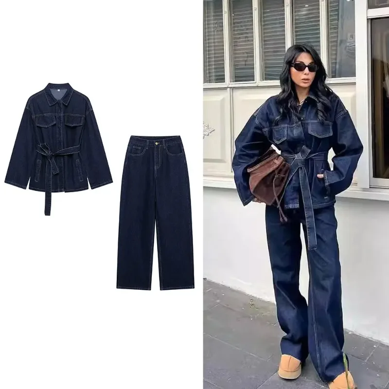 

Women Fashion 2 Pieces Sets With Belt Denim Jackets & Vintage Front Zipper Jeans Trousers Feamle Chic Lady Pants Sets