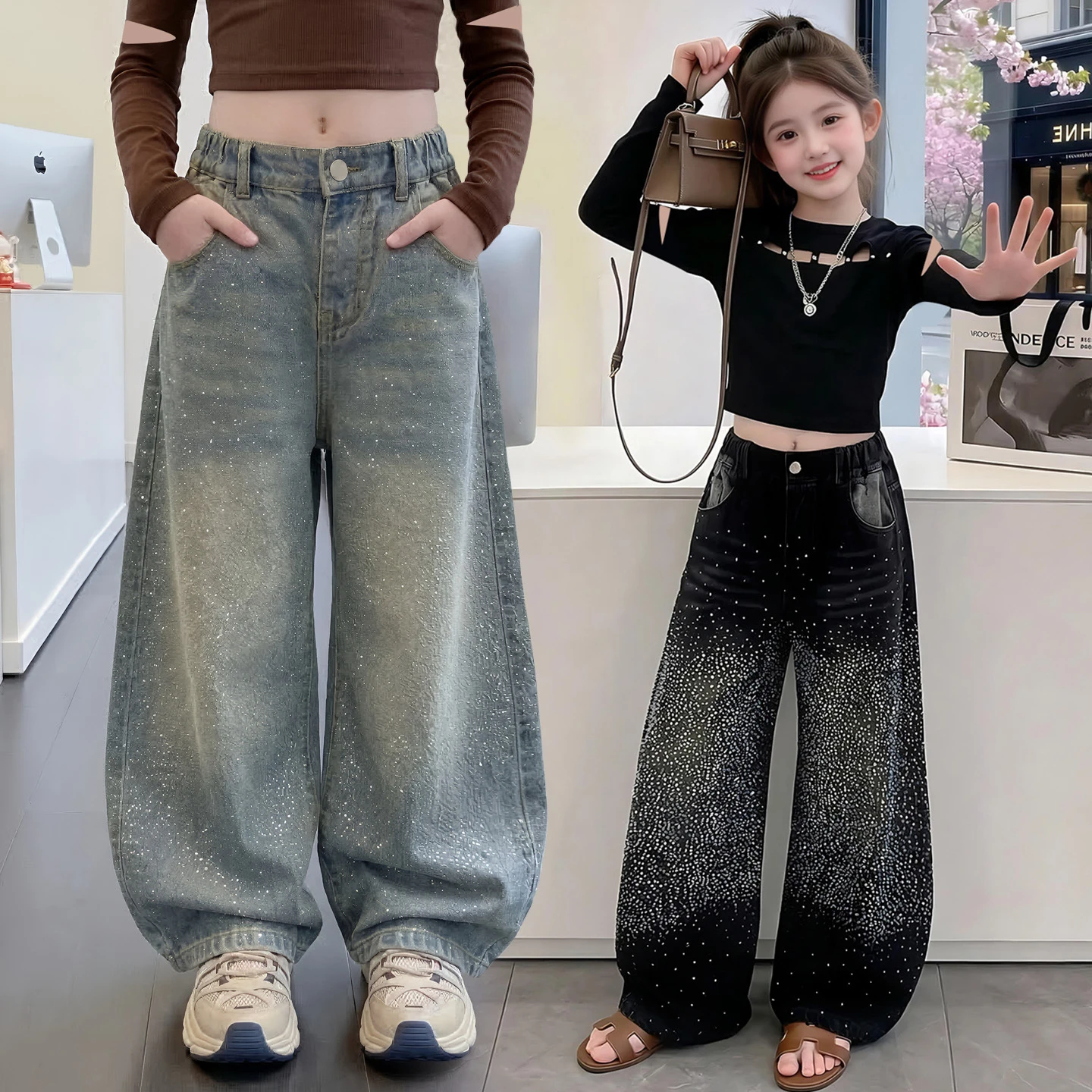 2026 Spring New Starry Sky Rhinestone Wide-Leg Jeans High-Waisted Loose Slimming Straight-Leg Long Pants Floor-Length Trousers