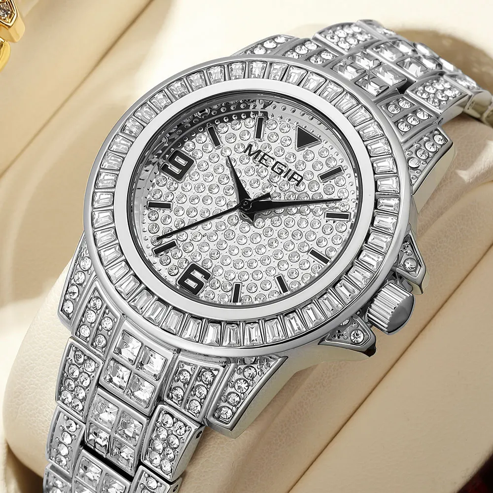 

MEGIR Fashion Women's Quartz Watches with Fully Crystal-accented Luxury Silvery Waterproof Wristwatch with Stainless Steel Strap