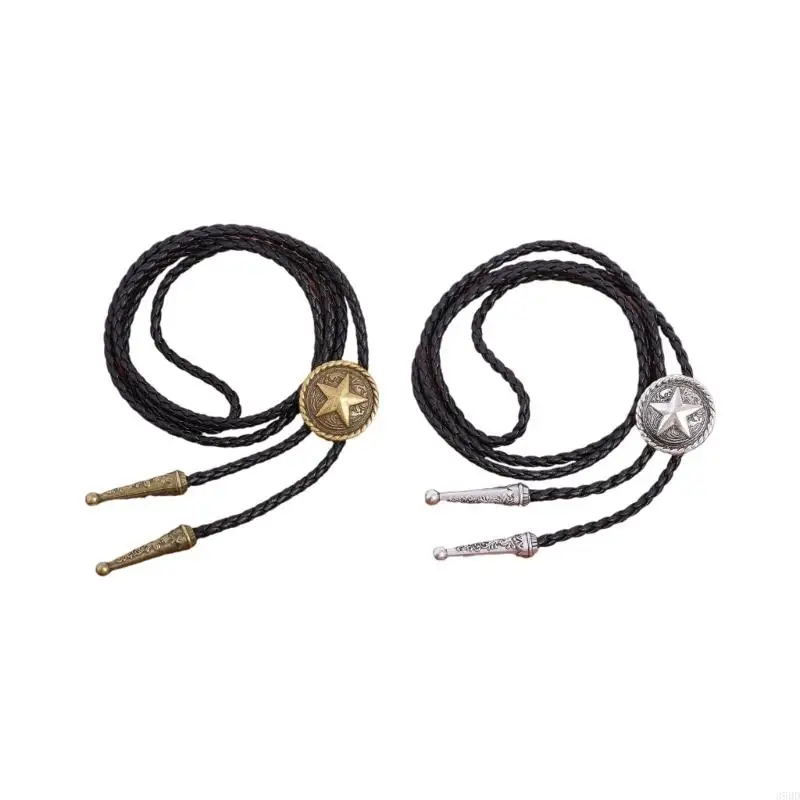 American Bolo Tie Vintage Western Punk Cowboy Star Pendant Faux Leather Braided Rope Cord Necktie Necklace for Men Women