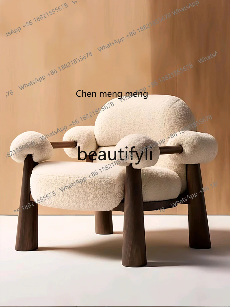 Wabi Sandy Solid Wood Single Sofa Chair Lamb Fleece Designer Walnut Leisure Chair, Backrest Single ChairH