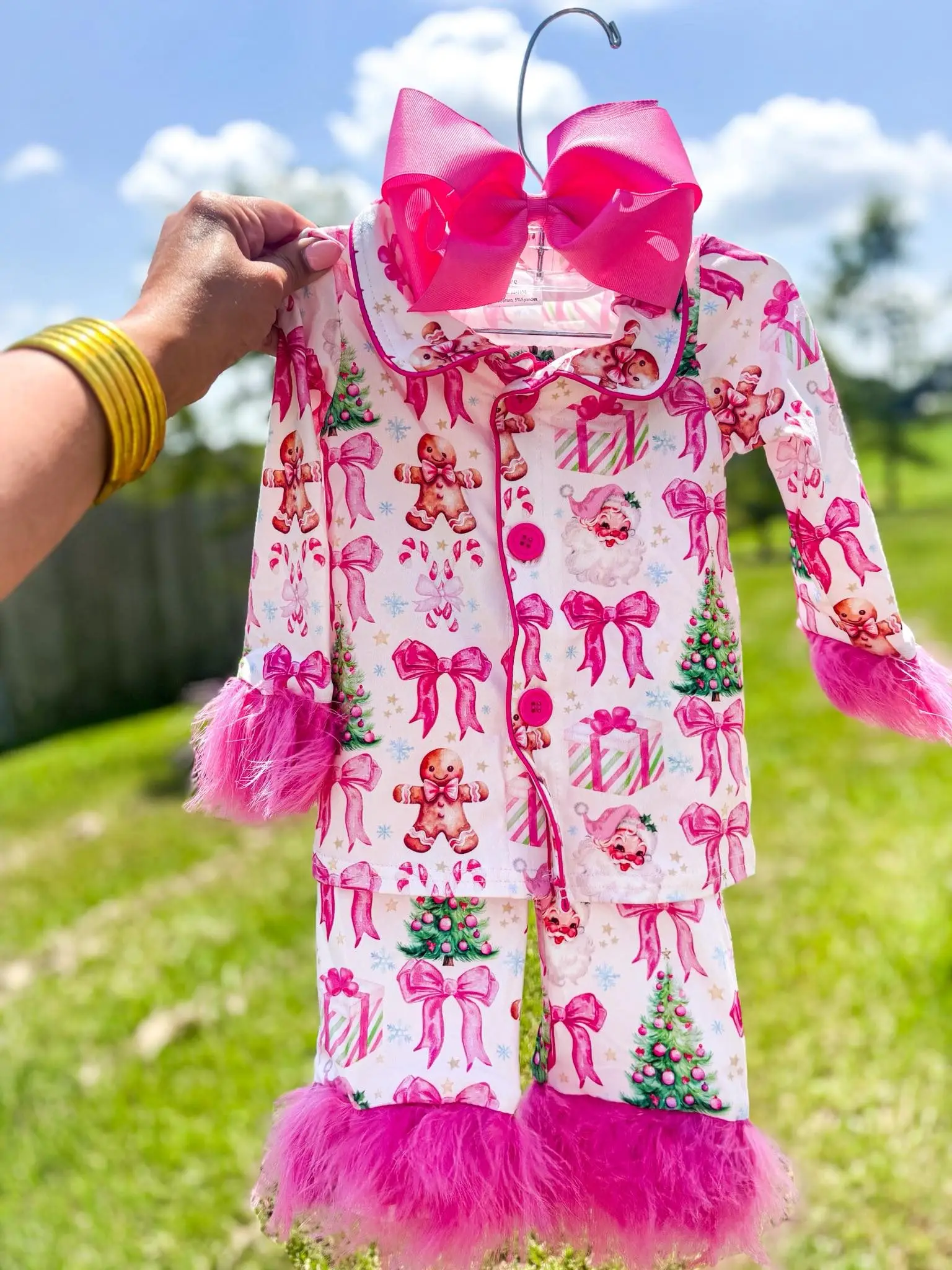 

Girls Western-style clothing Christmas tree bow pink raw edge long sleeve casual style cute pajamas long sleeve pants Girl set