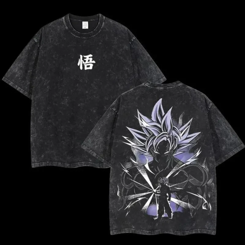 Goku T-Shirt Ultra Instinct Herren Acid Wash Übergroßes Anime Lila Schatten Baumwolle Vintage Gym Streetwear Kanji Grafik Rücken-Print Tee