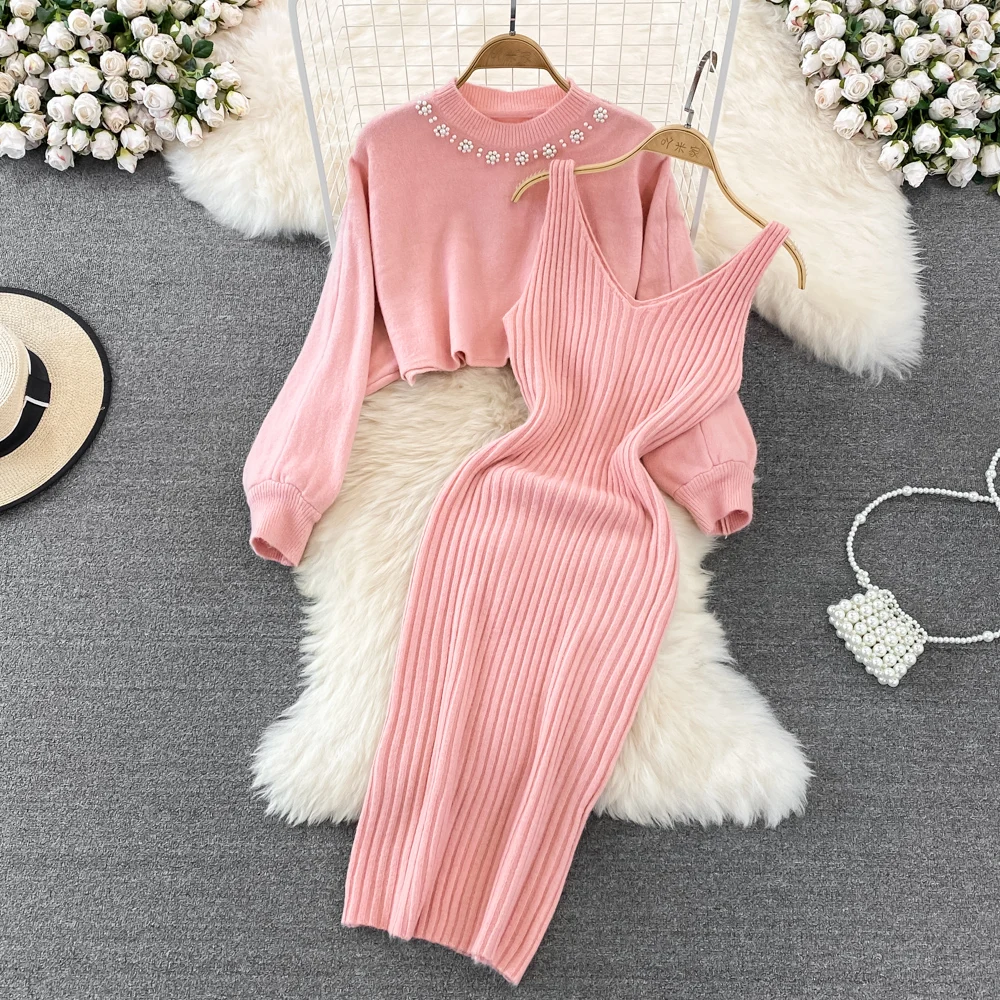 Celebrity O Hals Hoge Taille Trui Tweedelige Hot Girl Gebreide Vest Maxi Geribbelde Basic Roze Jurk Vrouwelijke Gewaad vestidos Elegantes