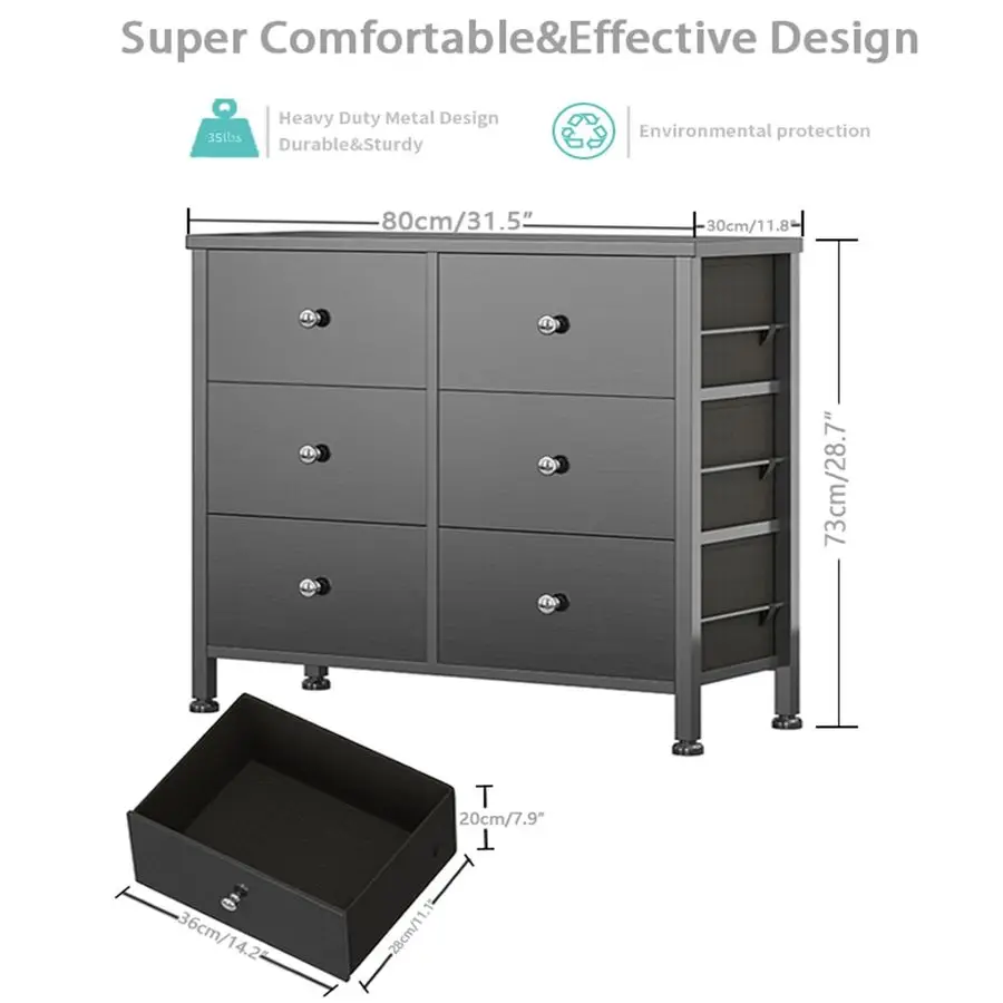 Czarna komoda do sypialni, komody z 6 szufladami i szafki na ubrania, mała komoda z tkaniny do przechowywania w szafie, nowoczesna.