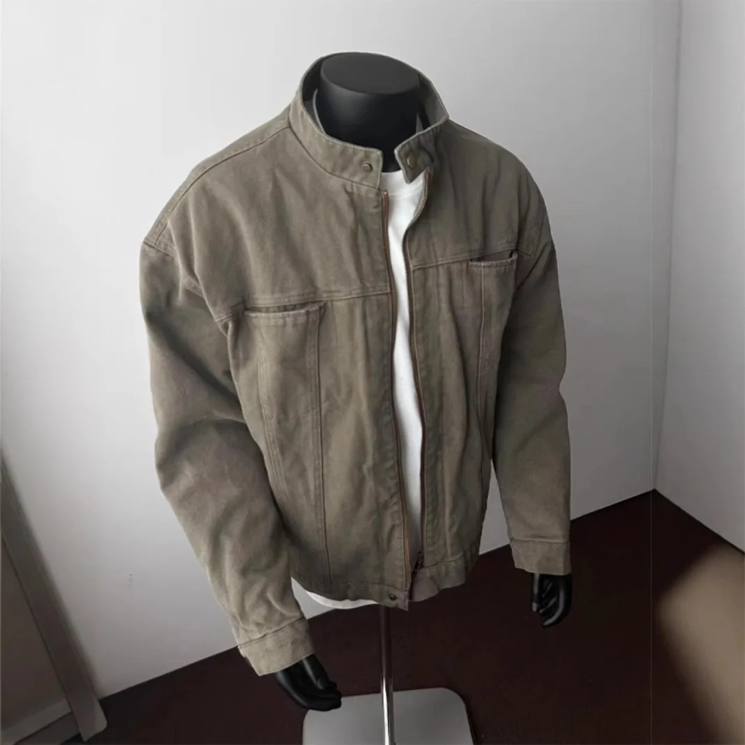 

Pop Spring Autumn New Fashion Men's Casual Trendy Solid Color Stand Collar Longs Leeve Solid Color Zipper Jacket Coat Streetwear